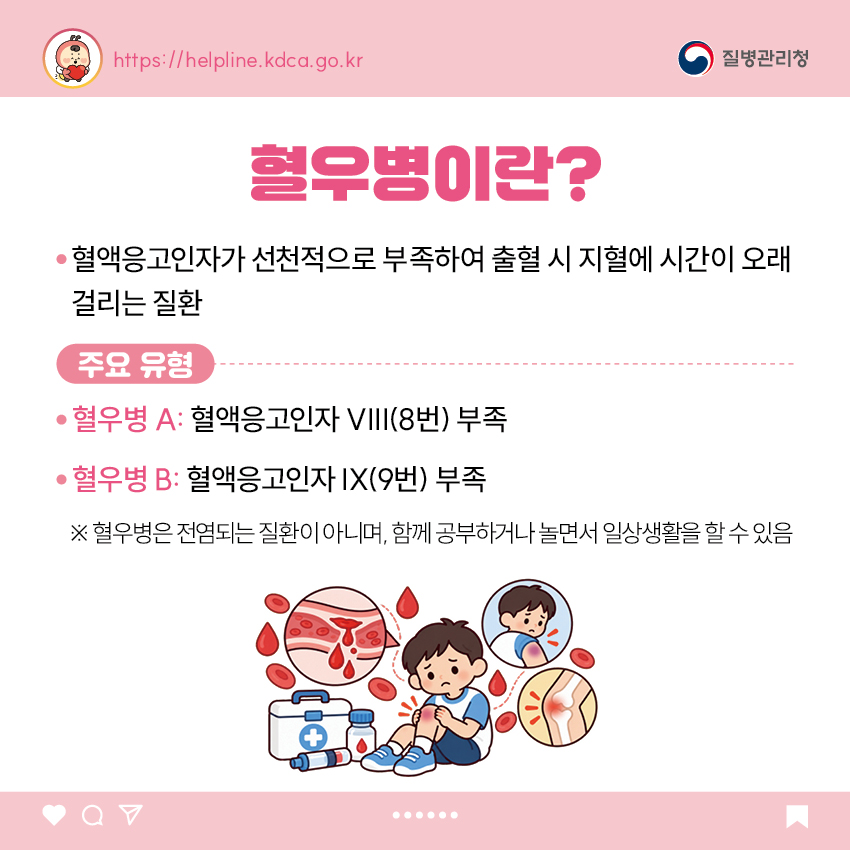 혈우병이란? - 혈액응고인자가 선천적으로 부족하여 출혈 시 지혈에 시간이 오래 걸리는 질환 <주요 유형> - 혈우병 A: 혈액응고인자 VIII(8번) 부족 - 혈우병 B: 혈액응고인자 IX(9번) 부족 ※ 혈우병은 전염되는 질환이 아니며, 함께 공부하거나 놀면서 일상생활을 할 수 있음